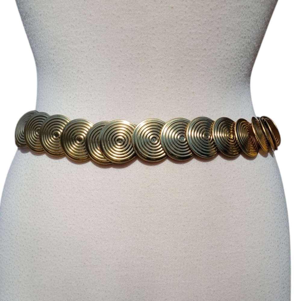 Vintage Gold Tone Disc Stretch Belt | Mod Disco Glam Statement Waist Belt - Picture 12 of 12